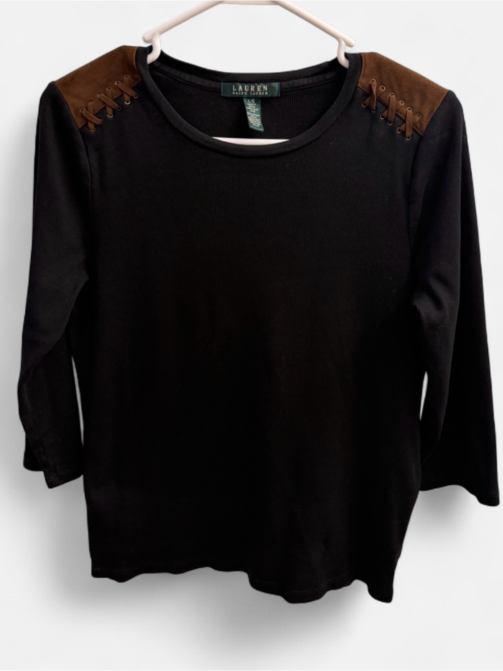 Ralph Lauren Black Long-Sleeve Top with Brown Suede Shoulder Accents size L